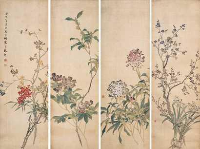 马家桐 1903年作 花卉 四屏